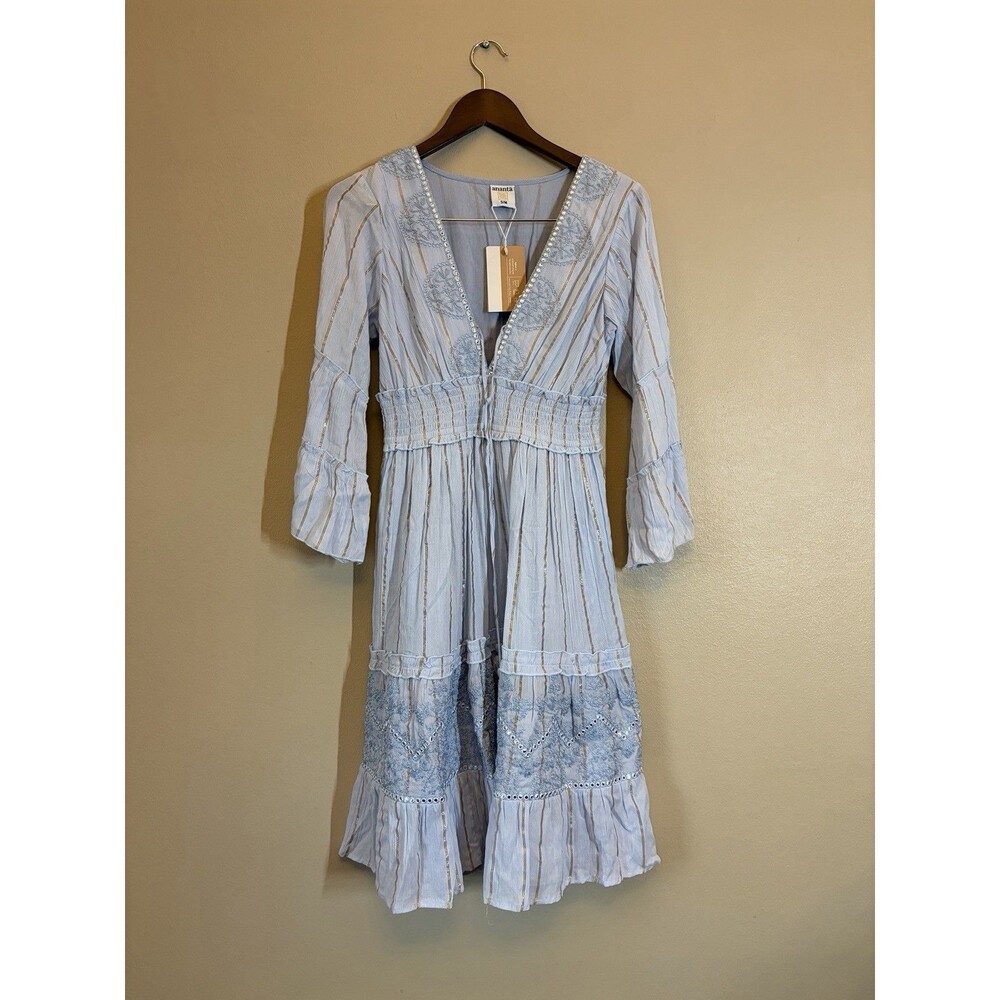 Ananta India V-Neck Blue Striped Embroidered Bohemian Dress NWT S/M Tiered Smock